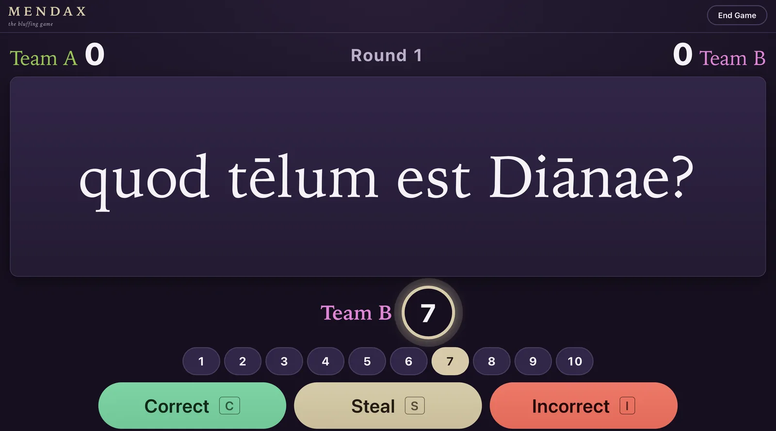 A MENDAX round on the projector: Team A and Team B scores across the top, the Latin question quod tēlum est Diānae? filling the screen, a row of buttons numbered 1 to 10 for how many students are standing, and Correct, Steal, and Incorrect buttons.