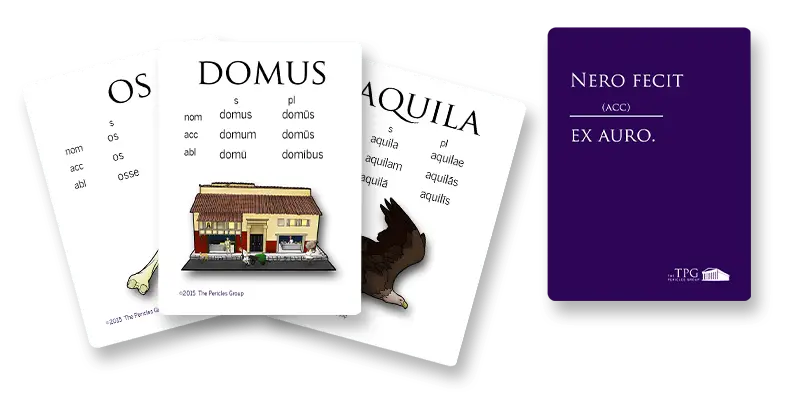 An example hand for VERBA Latin. There are three picture cards with one sentence card.