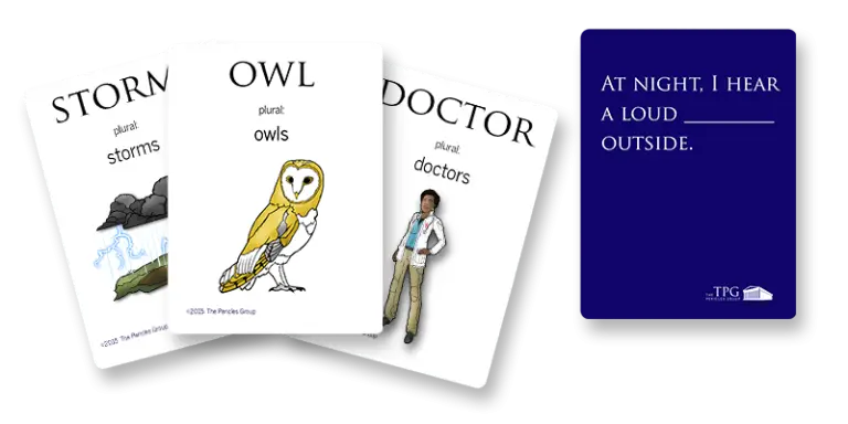 An example hand for VERBA English. There are three picture cards with one sentence card.