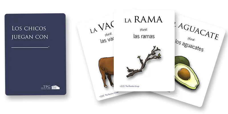 An example hand for VERBA Spanish. There are three picture cards with one sentence card.