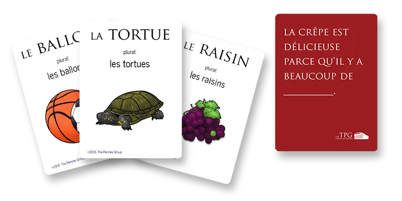 An example hand for VERBA French. There are three picture cards with one sentence card.